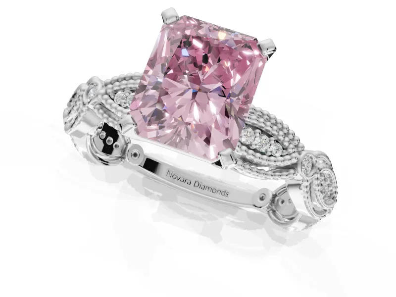 Radiant Cut Vintage Engagement Ring Setting for a Fancy Pink Lab-Grown Diamond | Graduated Stations | Sterling Silver