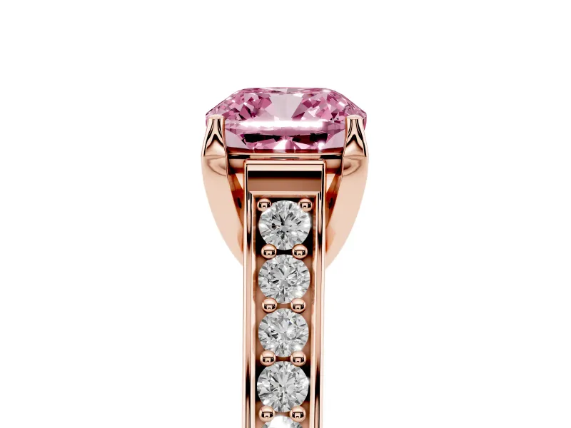 Fancy Pink Cushion Cut Diamond Solitaire Pavé Engagement Ring Set in Rose gold with Prong Setting