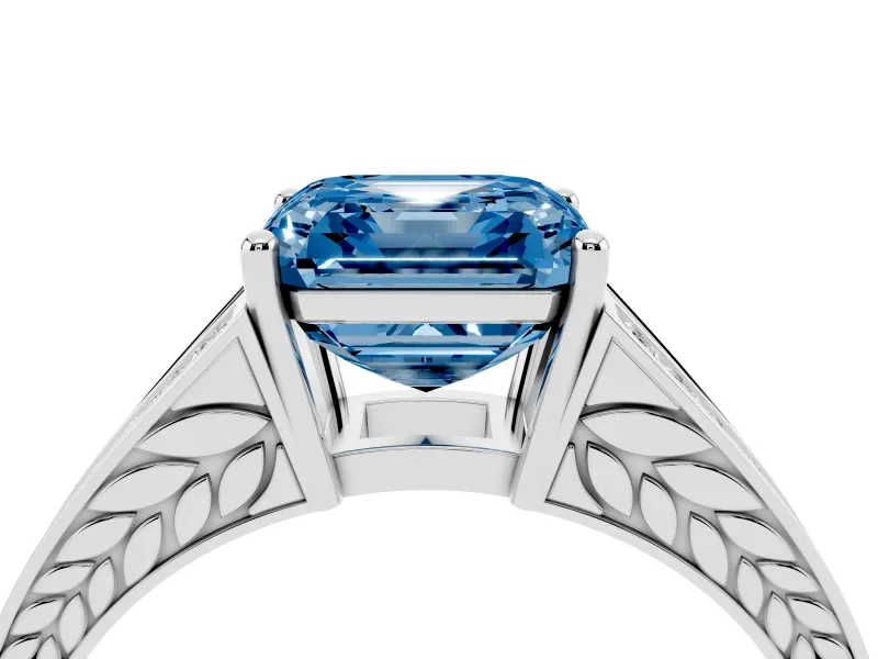 Fancy Blue Asscher Cut Diamond Split Shank Ring Set in Silver with Pavé Band and Prong Setting