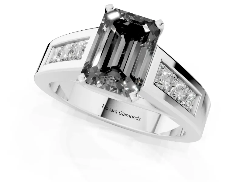 Emerald Cut Channel-Set Engagement Ring Setting for a Black Center | Wide Band | White Gold