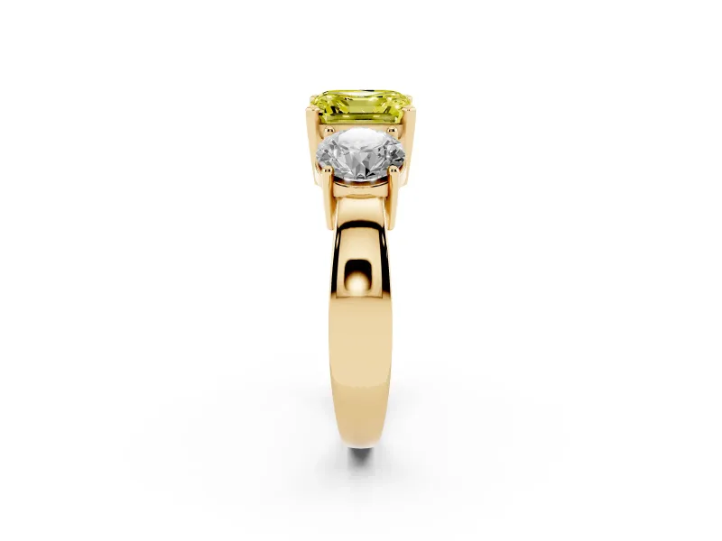 Asscher Cut Three Stone Engagement Ring Setting for a Fancy Yellow Lab-Grown Diamond | Wide Plain Band | Yellow Gold