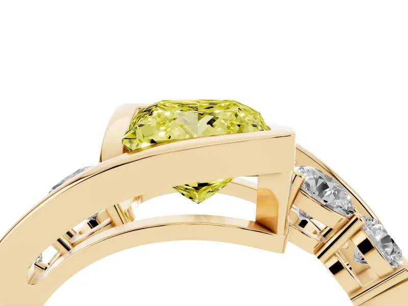 Fancy Yellow Princess Cut Diamond Bezel Bypass Ring Set in Yellow gold with Round Accents