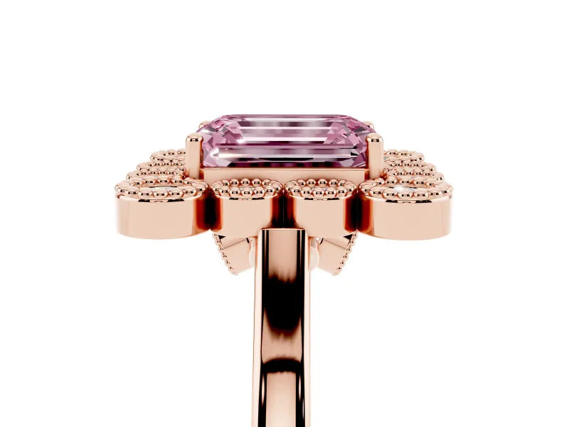 Emerald Cut Milgrain Cluster Halo Engagement Ring Setting for a Fancy Pink Lab-Grown Diamond | Plain Band | Rose Gold