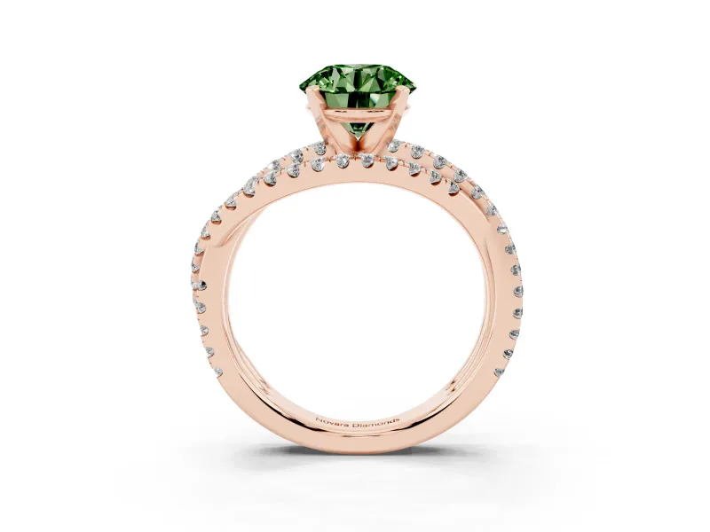 Fancy Green Round Cut Diamond Solitaire Twist Band Ring Set in Rose gold with Pavé Setting and Prong Head