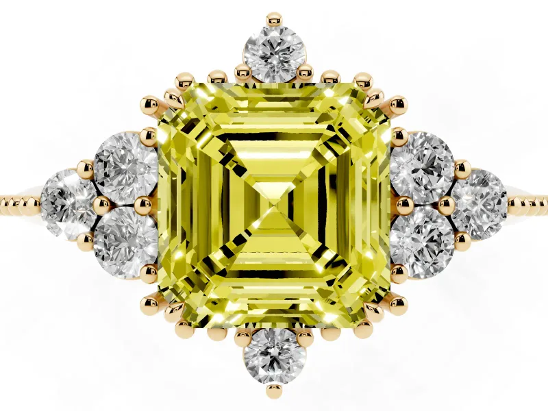 Asscher Cut Cluster Engagement Ring Setting for a Fancy Yellow Lab-Grown Diamond | Yellow Gold