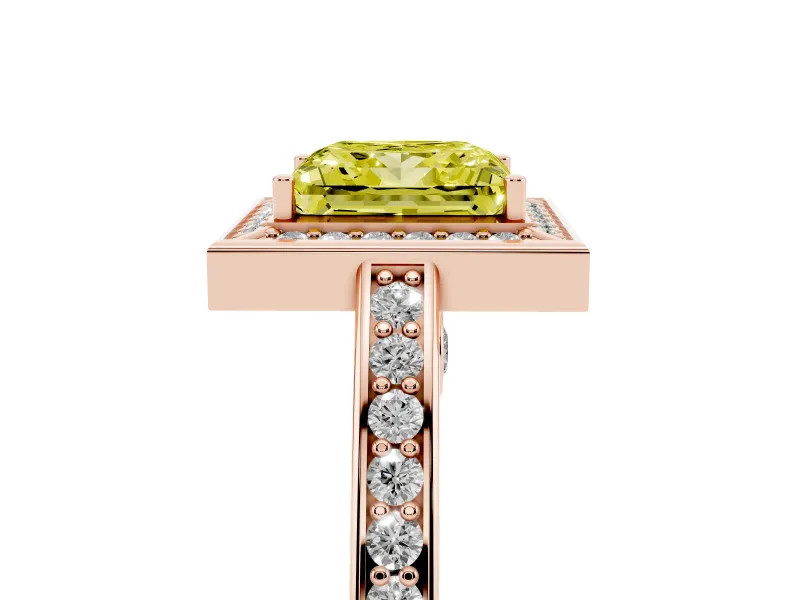 Fancy Yellow Princess Cut Diamond Halo Pavé Split Shank Ring Set in Rose gold with Prong Setting