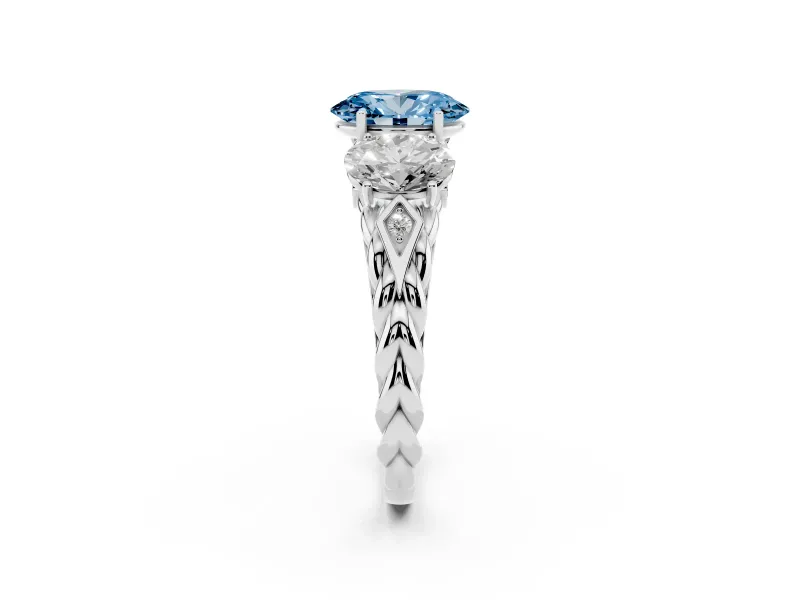 Fancy Blue Oval Cut Diamond Three-Stone Ring Set in Silver with Braided Band