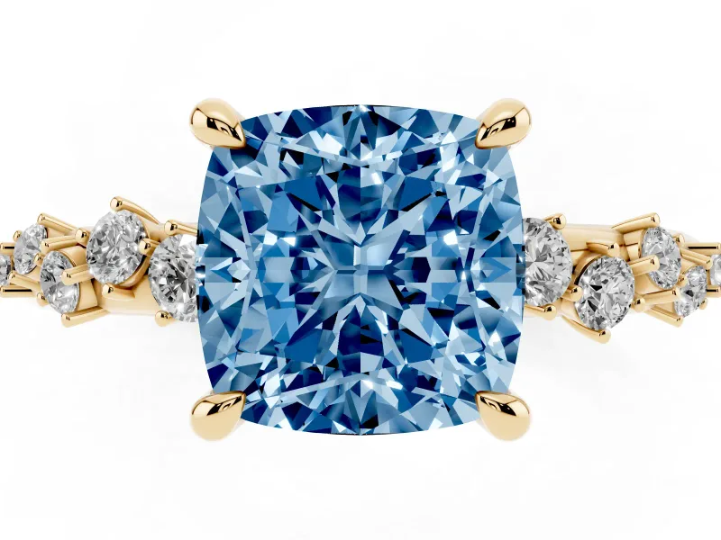 Cushion Cut Graduated Engagement Ring Setting for a Fancy Blue Lab-Grown Diamond | Yellow Gold
