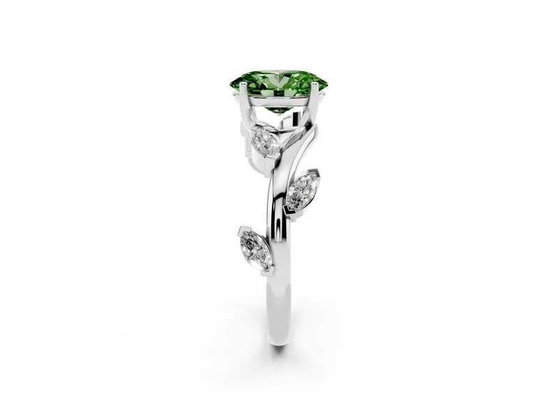 Fancy Green Oval Cut Diamond Solitaire Ring Set in Platinum with Twisted Marquise Accent Band