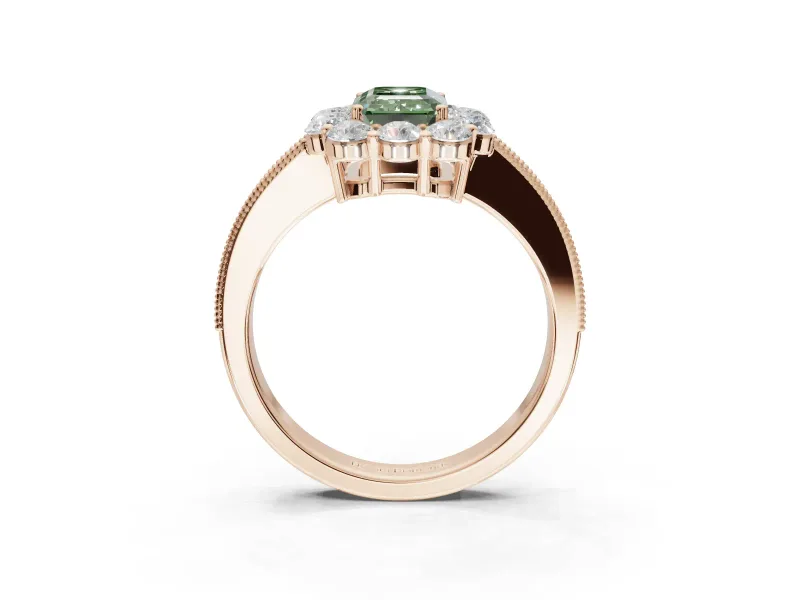 Emerald Cut Vintage Halo Engagement Ring Setting for a Fancy Green Lab-Grown Diamond | Rose Gold