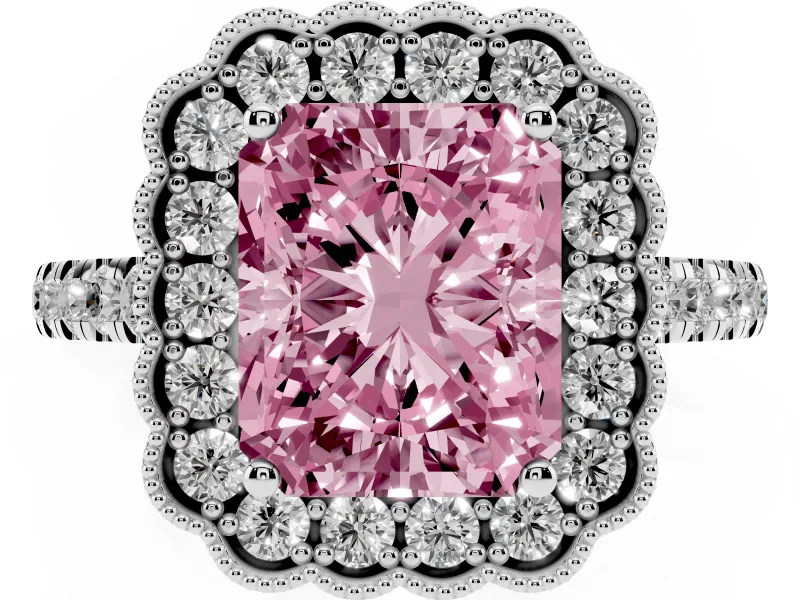 Fancy Pink Radiant Cut Diamond Milgrain Floral Halo Engagement Ring Set in Platinum with Pavé Band