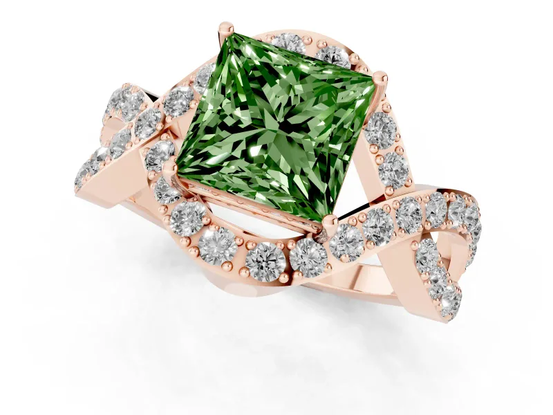 Fancy Green Princess Cut Diamond Solitaire Twist Band Pavé Engagement Ring Set in Rose gold