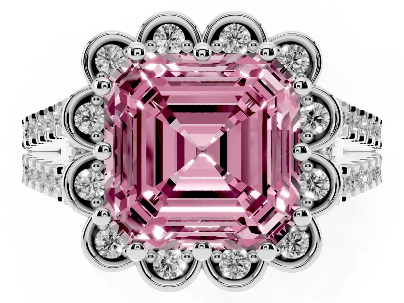Asscher Cut Floral Halo Engagement Ring Setting for a Fancy Pink Lab-Grown Diamond | Pavé Split Shank | Sterling Silver