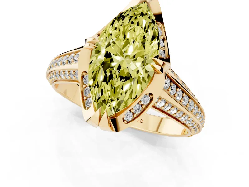 Fancy Yellow Marquise Cut Diamond Pavé Split Shank Solitaire Ring Set in Yellow gold with Prong Setting