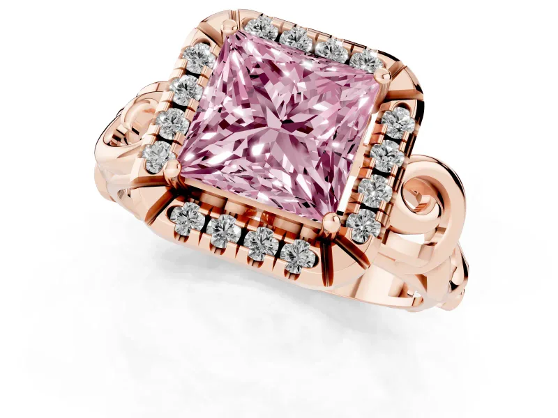 Fancy Pink Princess Cut Diamond Halo Ring Set in Rose gold with Scrollwork Band and Prong Setting