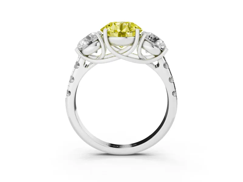 Round Three Stone Engagement Ring Setting for a Fancy Yellow Lab-Grown Diamond | Accented Shoulders | Platinum