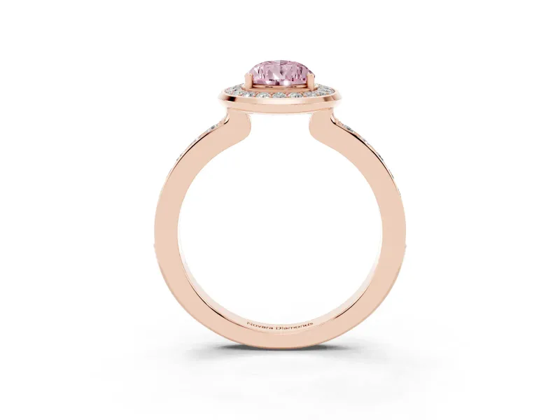 Fancy Pink Pear Cut Diamond Halo Ring Set in Rose gold with Bezel Frame and Pavé Band