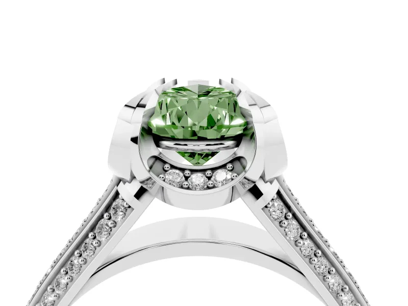 Fancy Green Pear Cut Diamond Pavé Split Shank Solitaire Ring Set in Silver with Prong Setting