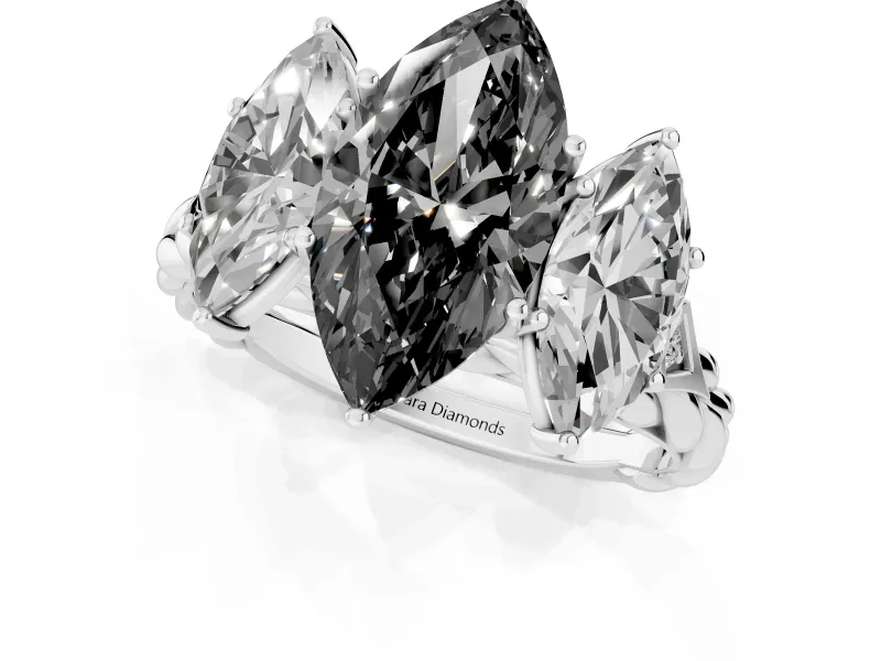 Fancy Black Marquise Cut Diamond Three-Stone Ring Set in White gold with Braided Band