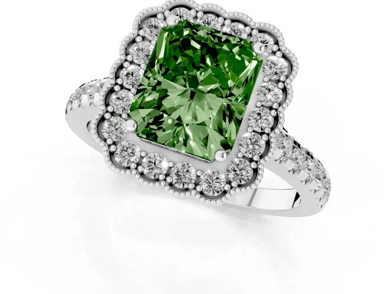 Fancy Green Radiant Cut Diamond Milgrain Floral Halo Engagement Ring Set in Platinum with Pavé Band