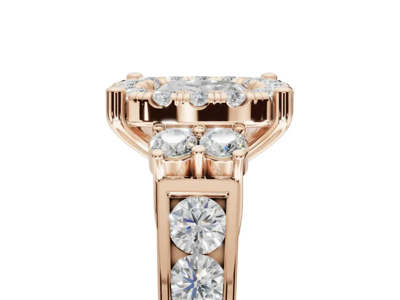 Cushion Cut Halo Side Cluster Engagement Ring Setting | Graduated Channel Band | Rose Gold