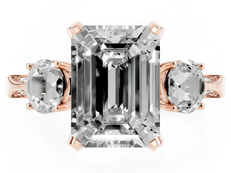Emerald Cut Hidden Halo Three Stone Engagement Ring Setting for a Fancy Pink Lab-Grown Diamond | Rose Gold