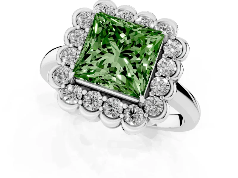 Princess Cut Scalloped Cluster Halo Engagement Ring Setting for a Fancy Green Lab-Grown Diamond | Plain Band | Platinum