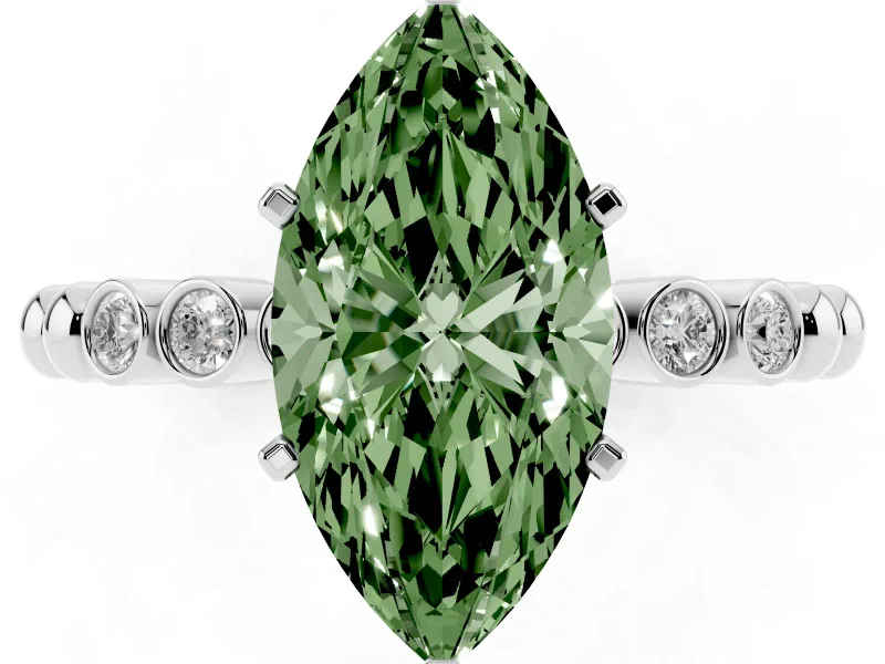 Fancy Green Marquise Cut Diamond Solitaire Engagement Ring Set in Platinum with Bezel Accents on Beaded Band