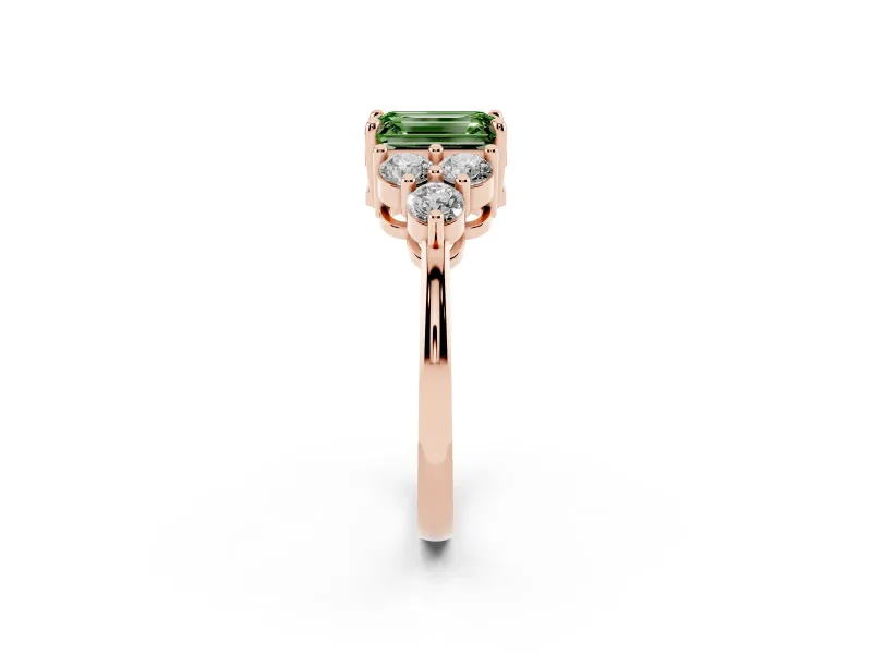 Fancy Green Emerald Cut Diamond Solitaire Ring Set in Rose gold with Cluster Accents on Each Side