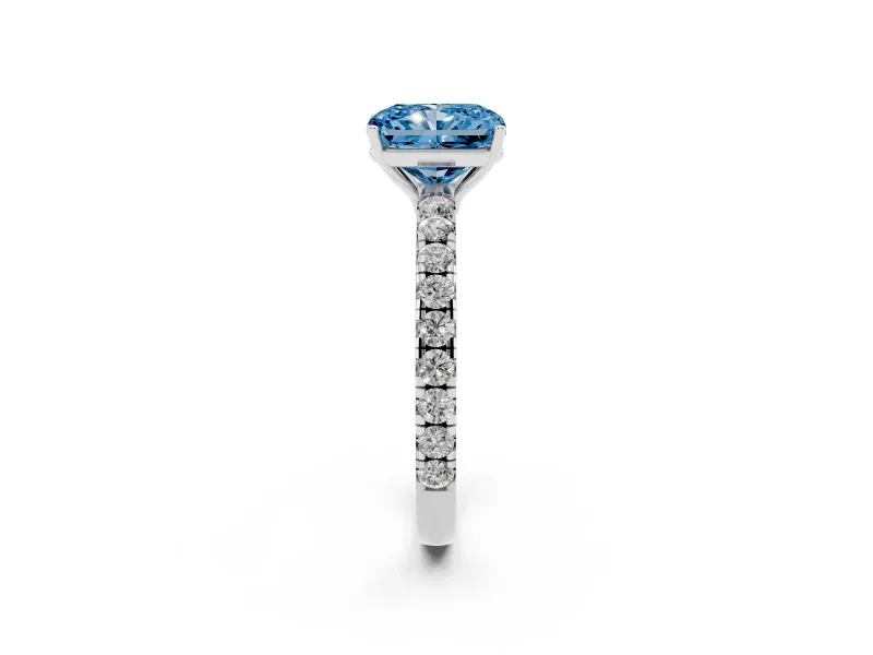Radiant Cut Pave Engagement Ring Setting for a Fancy Blue Lab-Grown Diamond | Shared Prong Band | Sterling Silver