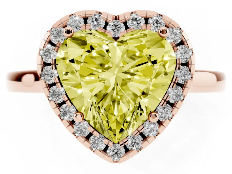 Fancy Yellow Heart Cut Halo Round Diamond Solitaire Ring Set in Rose gold with Pavé Band and Prong Setting