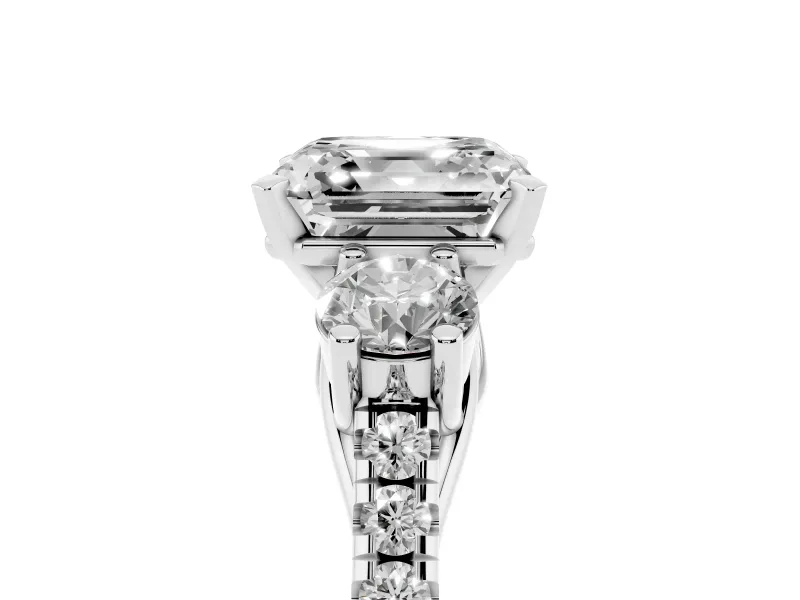 Three-Stone Asscher Cut Diamond Pavé Band Ring Set in White gold with Prong-Set Trio