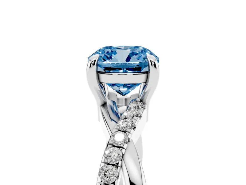 Fancy Blue Cushion Cut Diamond Twist Band Solitaire Set in Silver with Pavé Accents and Prong Setting