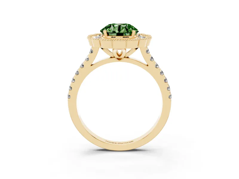 Round Vintage Milgrain Floral Halo Engagement Ring Setting for a Fancy Green Lab-Grown Diamond | Pavé Band | Yellow Gold