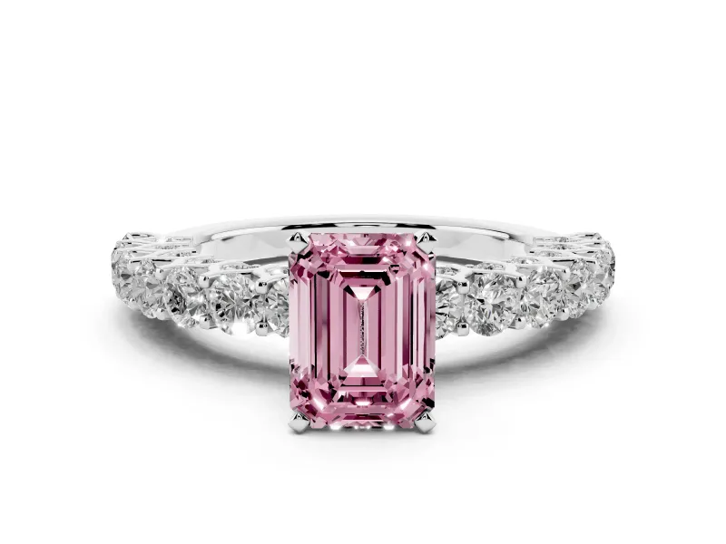 Fancy Pink Emerald Cut Diamond Solitaire Ring Set in White gold with Shared Prong Pavé Band