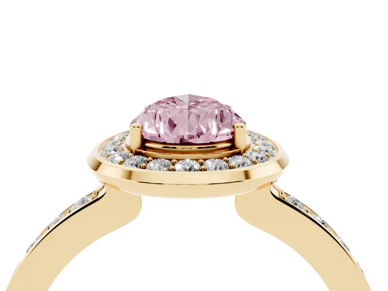 Pear-Shaped Bezel-Rim Halo Engagement Ring Setting for a Fancy Pink Lab-Grown Diamond | Pave Band | Yellow Gold