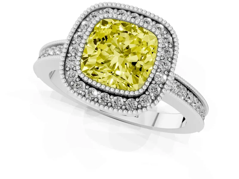 Fancy Yellow Cushion Cut Diamond Halo Ring Set in Silver with Pavé Band and Milgrain-Edged Prongs