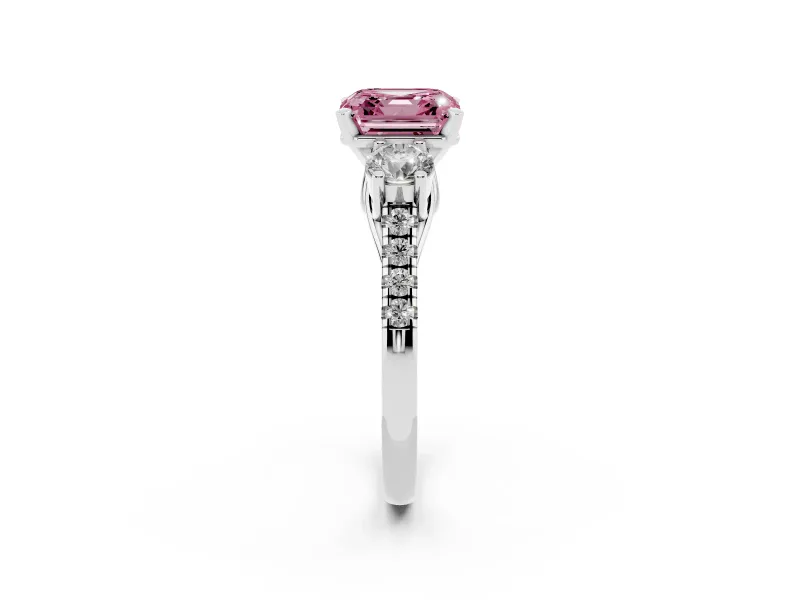 Fancy Pink Three-Stone Asscher Cut Diamond Pavé Band Ring Set in Platinum with Prong-Set Trio
