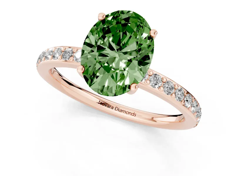 Fancy Green Oval Cut Diamond Pavé Band Ring Set in Rose gold with Prong-Set Center Stone