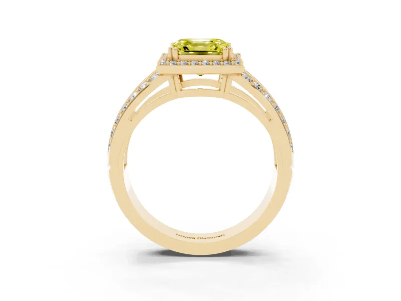 Asscher Cut Halo Engagement Ring Setting for a Fancy Yellow Lab-Grown Diamond | Two-Row Pave Split Shank | Yellow Gold