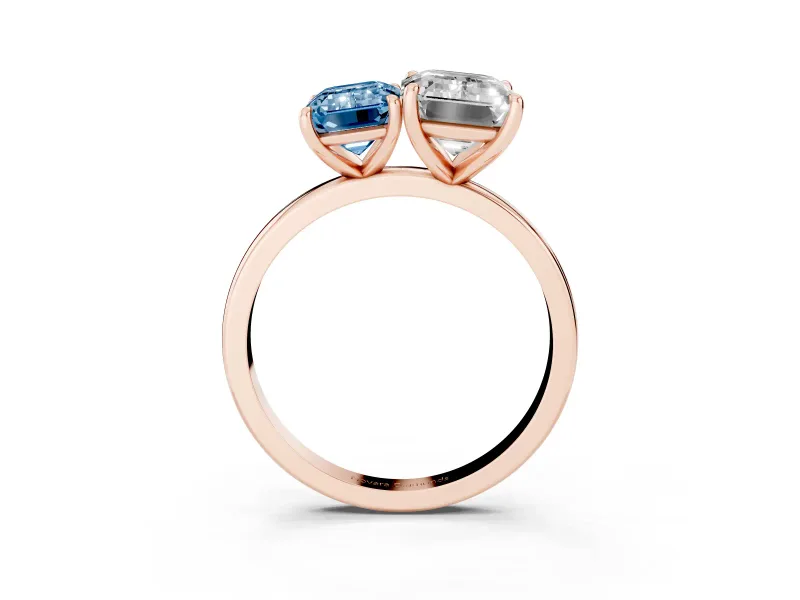 Fancy Blue Emerald Cut and Emerald Cut Toi Moi Ring Set in Rose gold with Prong Setting