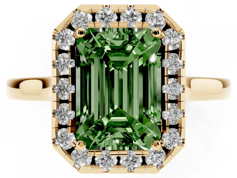 Fancy Green Emerald Cut Halo Round Diamond Solitaire Ring Set in Yellow gold with Pavé Band and Prong Setting