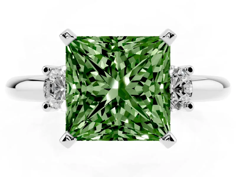 Princess Cut Three Stone Engagement Ring Setting for a Fancy Green Lab-Grown Diamond | Round Side Stones | White Gold