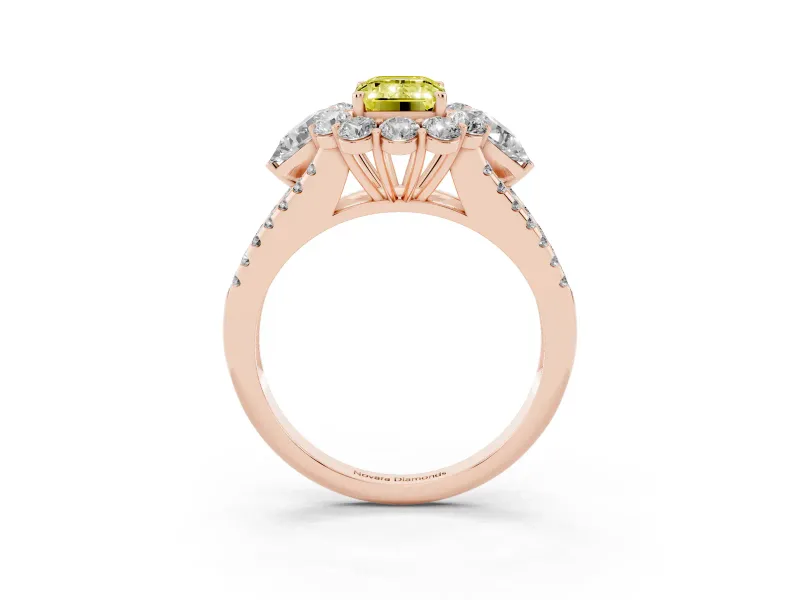 Fancy Yellow Emerald Cut Diamond Halo Split Shank Engagement Ring Set in Rose gold with Prong-Held Center Stone