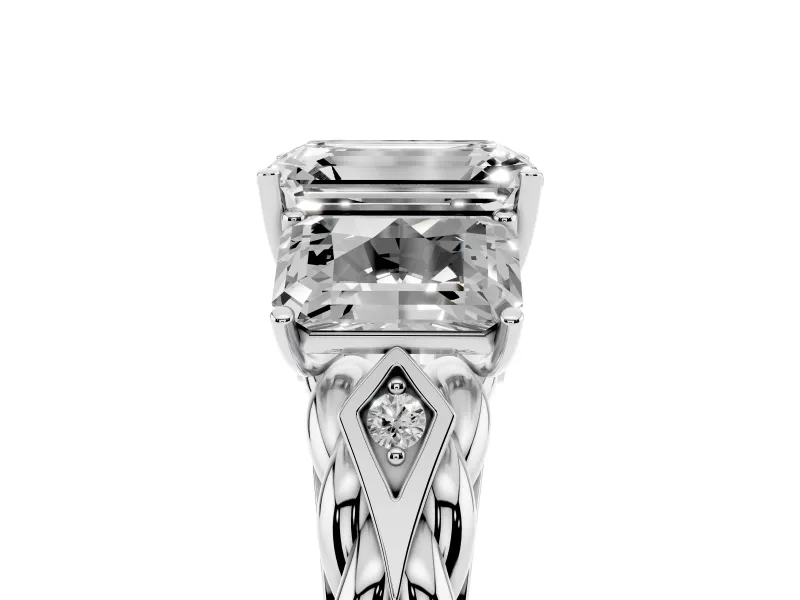 Emerald Cut Three Stone Engagement Ring Setting | Braided Band | Sterling Silver