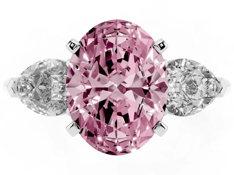 Fancy Pink Three-Stone Oval Cut Diamond Ring Set in Silver with Pear Side Stones and Prong Setting
