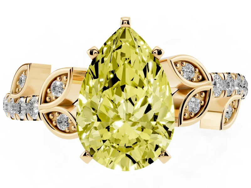 Fancy Yellow Pear Cut Diamond Solitaire Leaf-Inspired Ring Set in Yellow gold with Pavé Band and Prong Setting