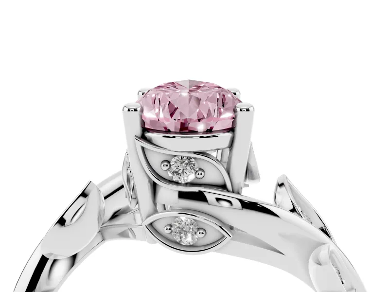 Fancy Pink Pear Cut Diamond Solitaire Twist Engagement Ring Set in White gold with Pavé Leaf Accents