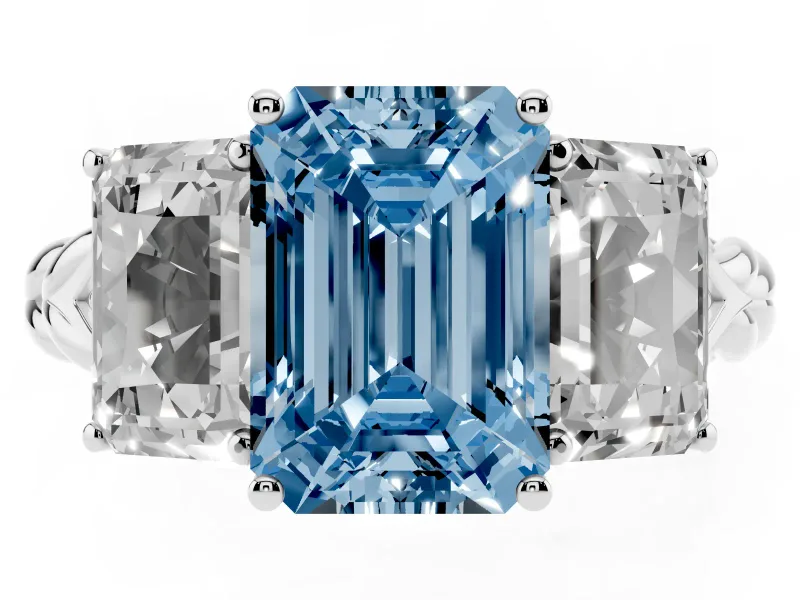 Emerald Cut Three Stone Engagement Ring Setting for a Fancy Blue Lab-Grown Diamond | Braided Band | Platinum