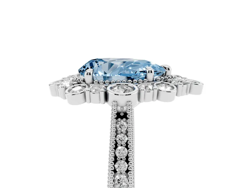 Fancy Blue Pear Cut Diamond Halo Milgrain Pavé Ring Set in Silver with Prong Setting